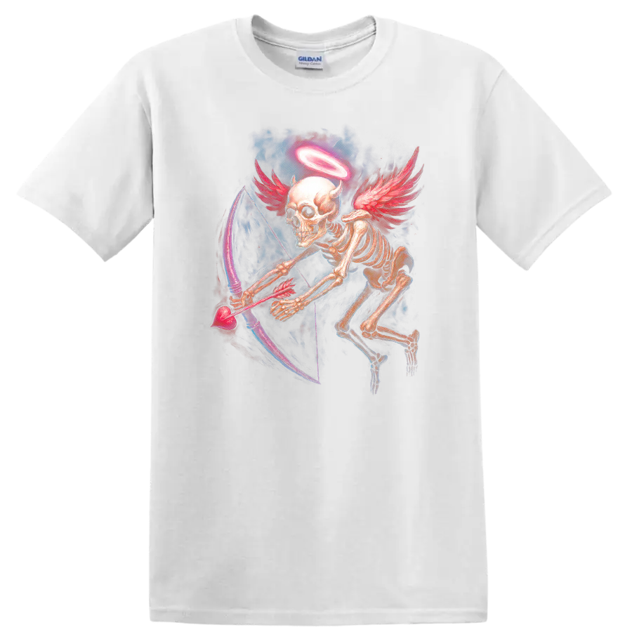Winged skeleton archer with halo, red wings, and heart-shaped bow in gothic art on a White T Shirt