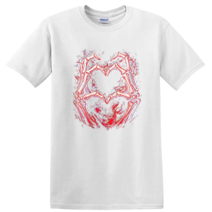 Skeletal hands forming a heart in distressed red and black gothic art on a White T Shirt