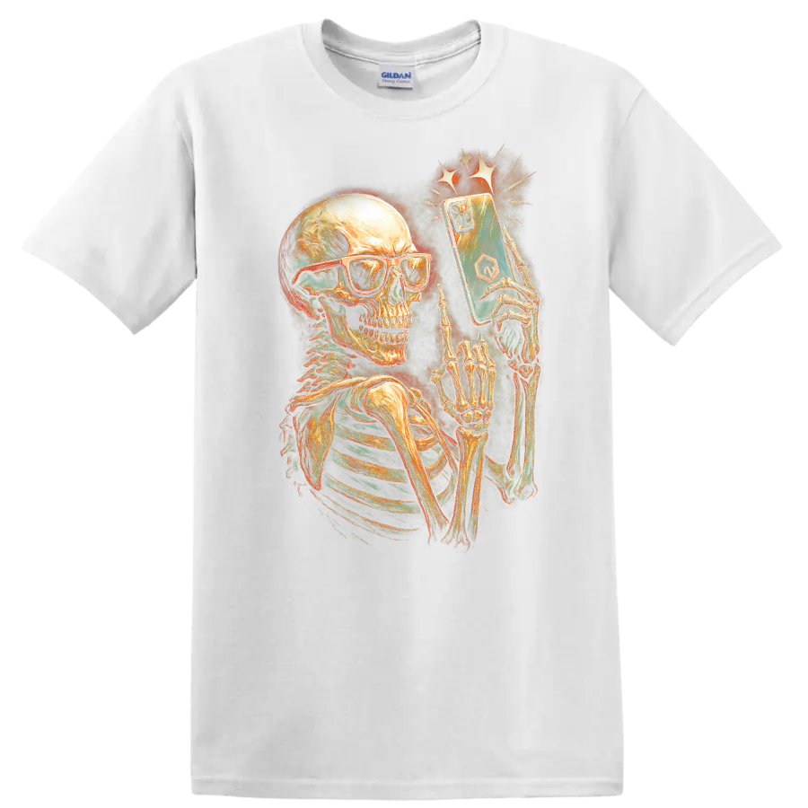 Vintage skeleton in sunglasses holding a smartphone gothic graphic print on a White T Shirt