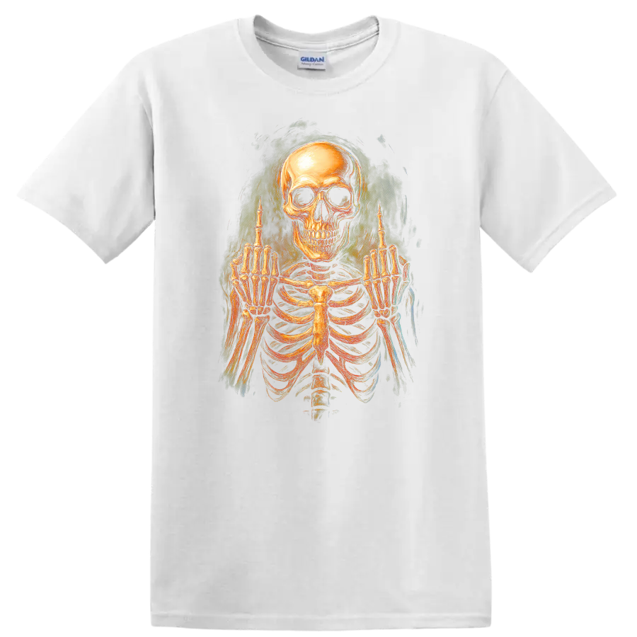 Vintage gothic skeleton skull and rib cage graphic with raised middle-finger hands on a White T Shirt