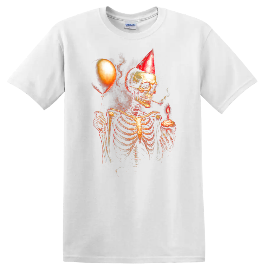 Vintage gothic skeleton in party hat holding a cupcake candle and balloon on a White T Shirt