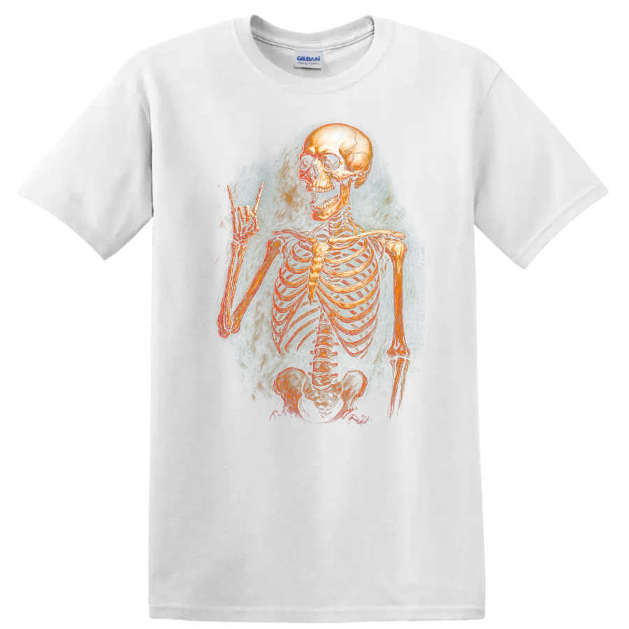 Vintage grinning skeleton raising a horn hand in distressed gothic illustration on a White T Shirt
