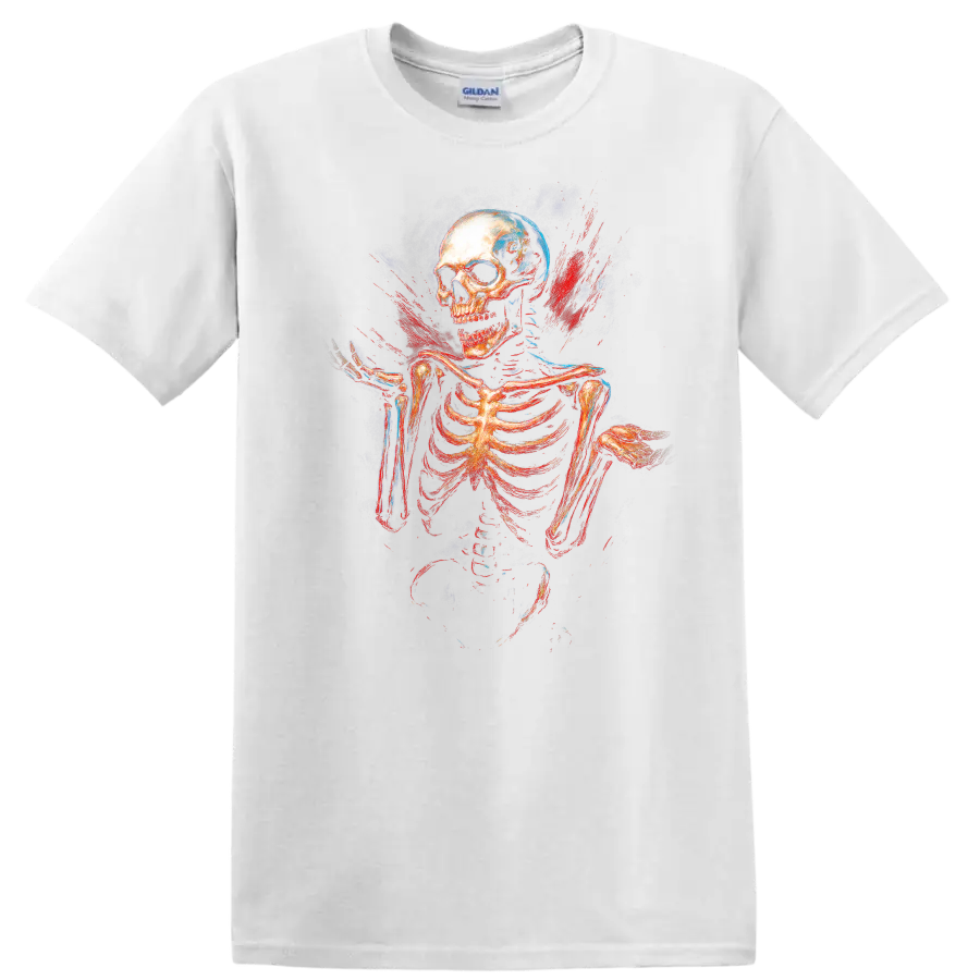 Vintage skull and skeleton graphic with red and blue gothic splatter on a White T Shirt