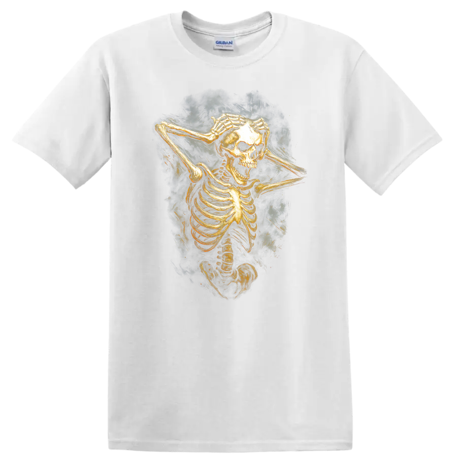 Vintage gothic skeleton skull illustration with hands framing its face on a White T Shirt