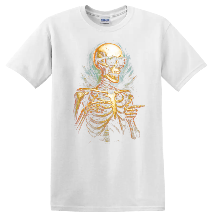 Vintage gothic skeleton in sunglasses pointing, with smoky teal flame-like artwork on a White T Shirt