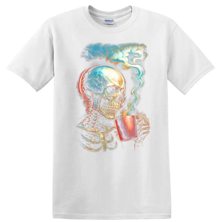 Vintage gothic skeleton skull holding a steaming cup beneath swirling clouds on a White T Shirt