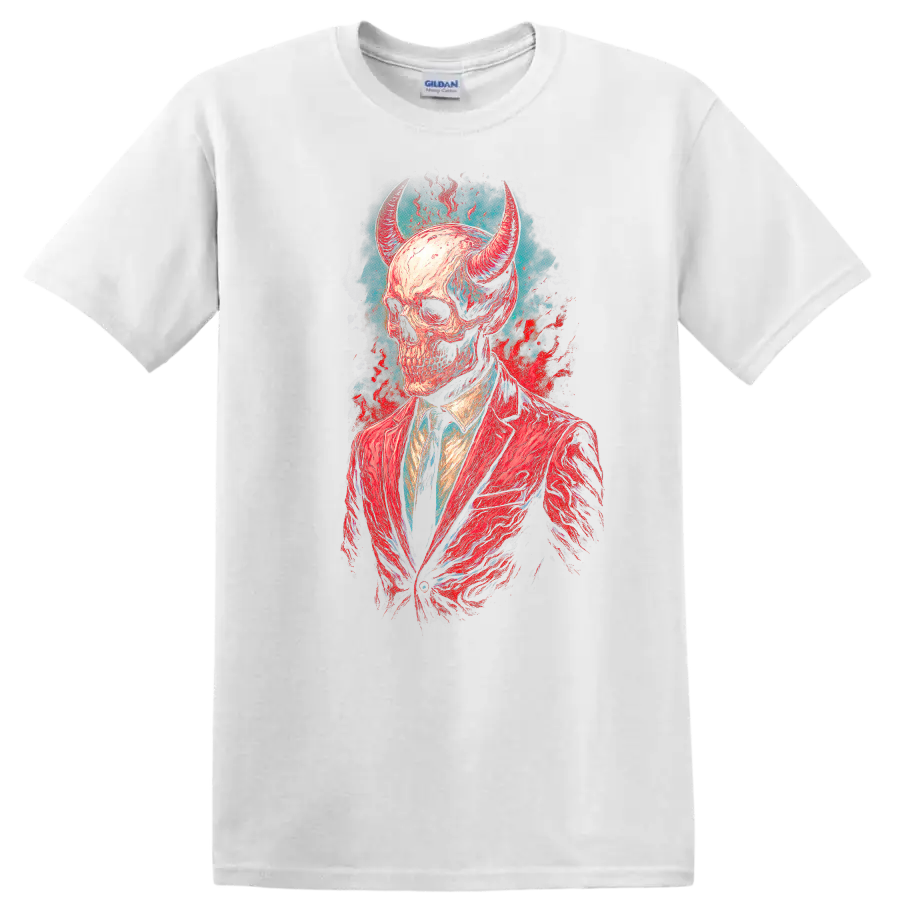 Horned skull in red suit, vintage gothic illustration with teal and red splashes on a White T Shirt