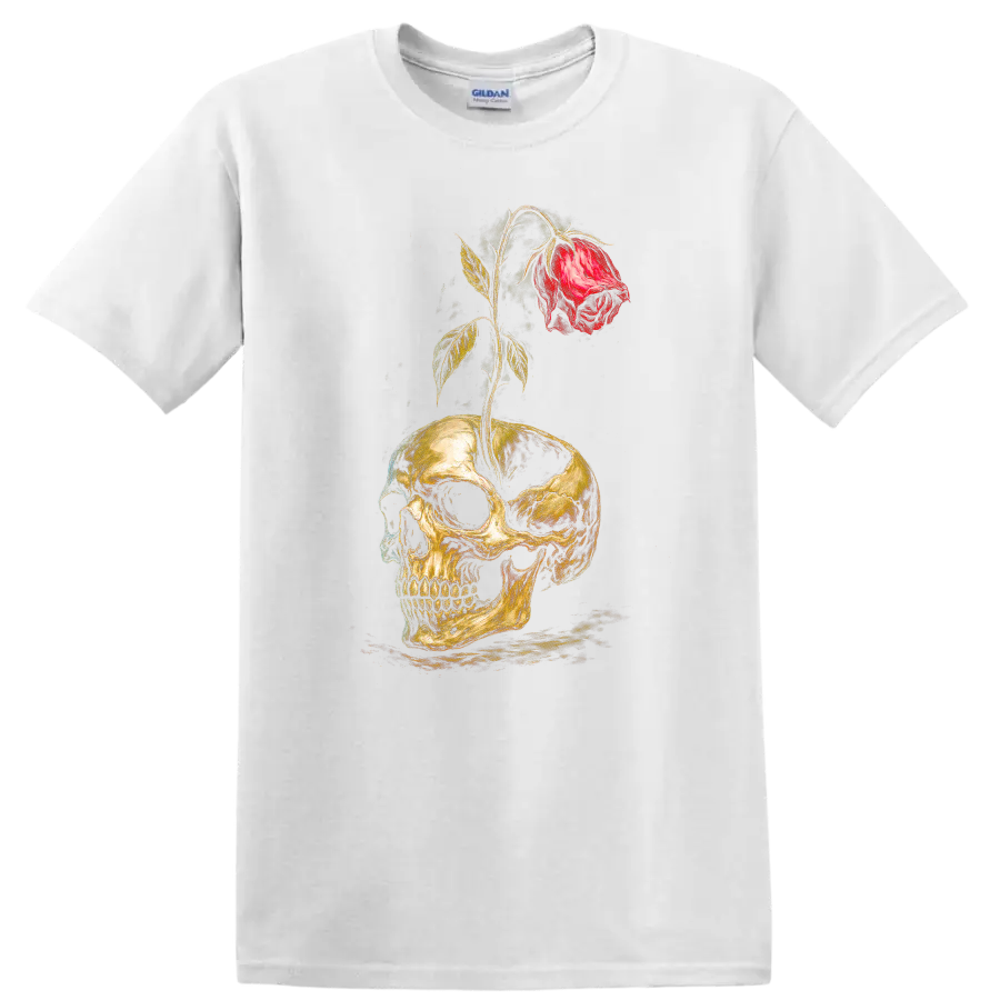 Vintage gothic skull graphic with a red rose growing through the top on a White T Shirt