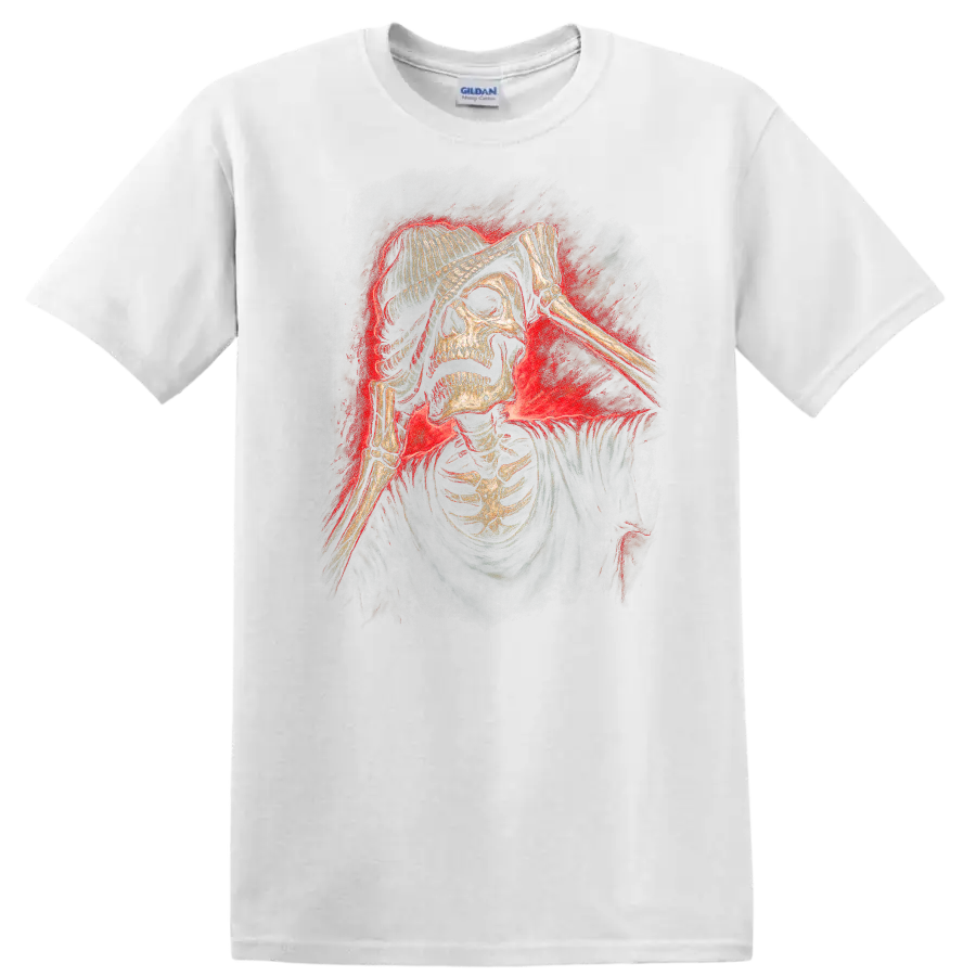 Vintage gothic skeleton skull in beanie with bony hands and red smoky glow on a White T Shirt