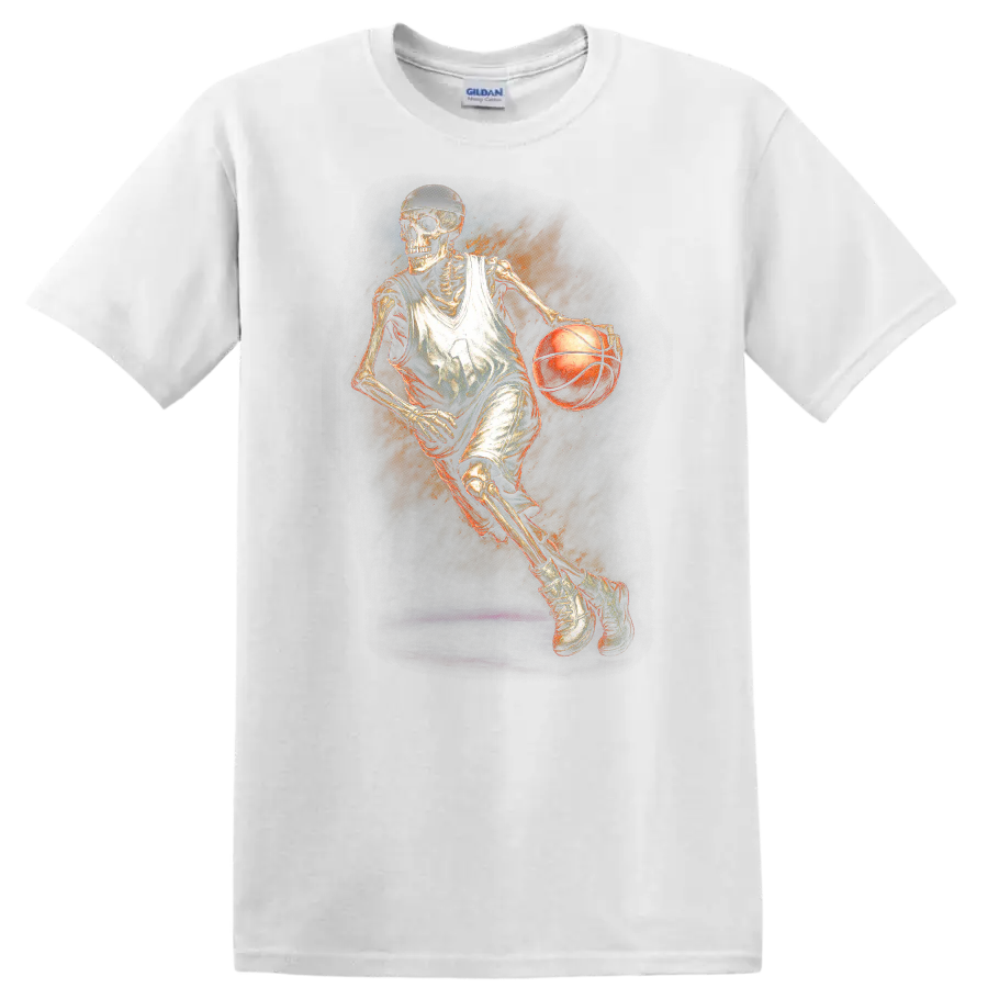 Vintage gothic skeleton basketball player dribbling with fiery orange artwork on a White T Shirt