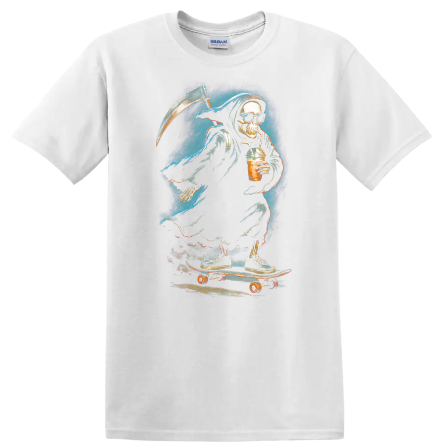 Vintage gothic Grim Reaper skeleton in sunglasses skating with a scythe and iced drink on a White T Shirt
