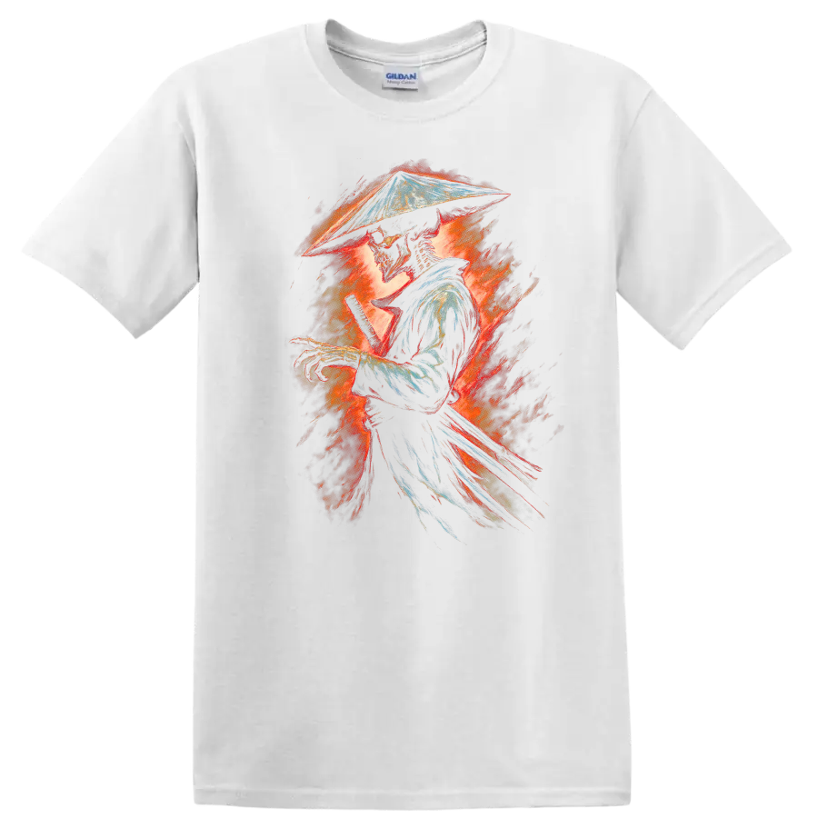 Fiery vintage-style skeleton samurai swordsman graphic in a conical hat on a White T Shirt