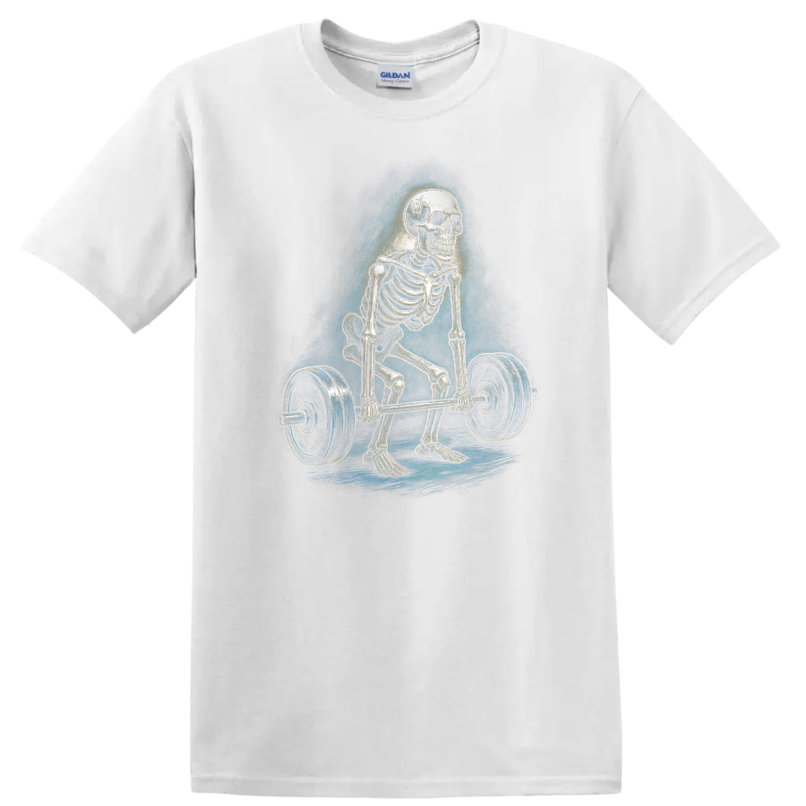 Vintage gothic skeleton performing a barbell deadlift graphic on a White T Shirt