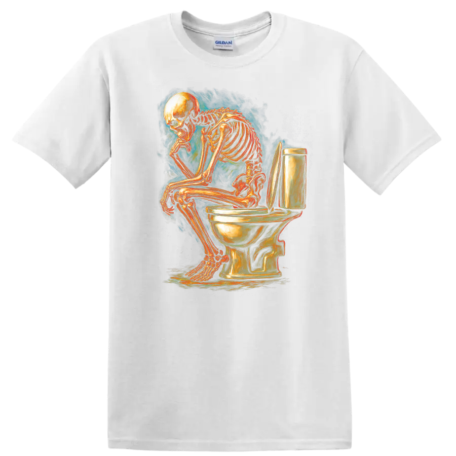 Vintage gothic skeleton sitting on a toilet in detailed dark humor artwork on a White T Shirt