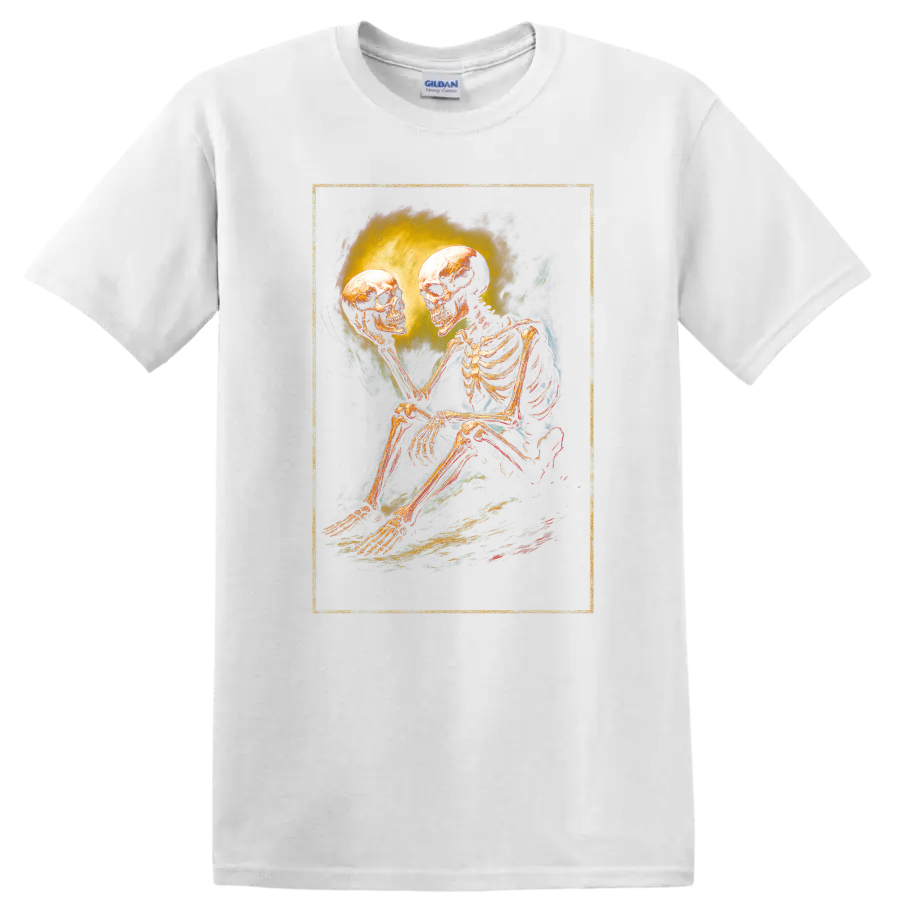 Vintage gothic skeleton holding a skull in a moody dark art illustration on a White T Shirt
