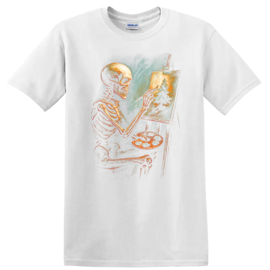Vintage gothic skeleton artist painting an evergreen forest on an easel on a White T Shirt
