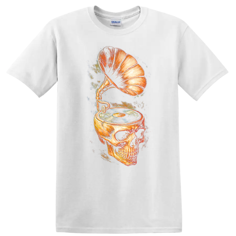 Vintage skull gramophone and turntable graphic with vinyl record on a White T Shirt