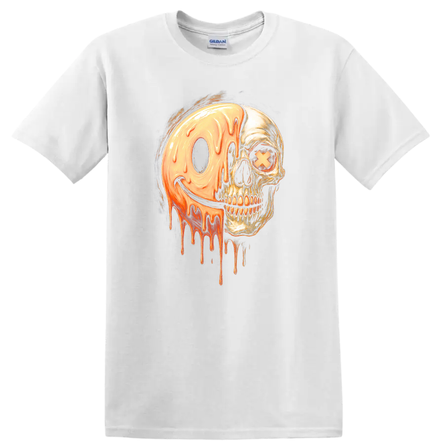 Vintage gothic skull with a melting orange smiley face and X eye graphic on a White T Shirt