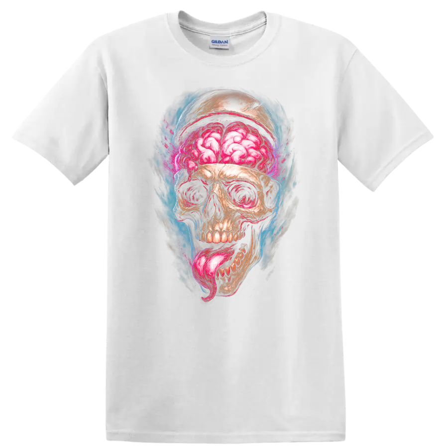 Exposed brain skull with pink tongue in vivid gothic horror illustration on a White T Shirt