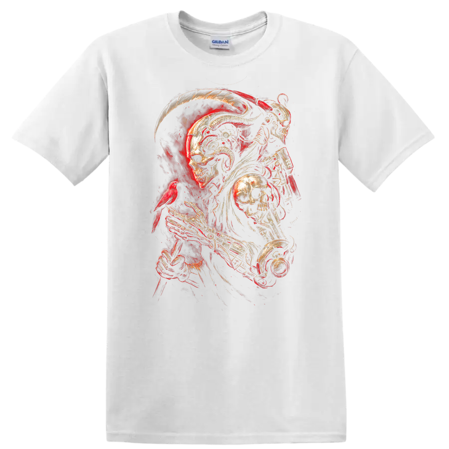 Mechanical skeleton reaper with skull armor, red bird, and fiery gothic art on a White T Shirt