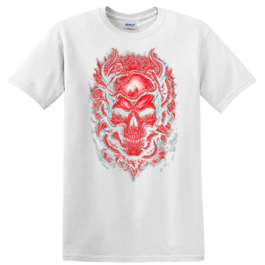 Red horned skull with crystal, gothic floral ornament, and teal vines on a White T Shirt
