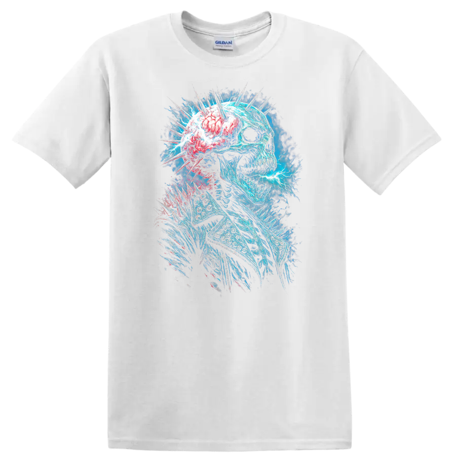 Electric blue skull with exposed brain, spikes, and gothic horror energy art on a White T Shirt