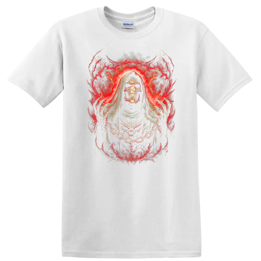 Hooded skull Grim Reaper in fiery red gothic horror artwork on a White T Shirt
