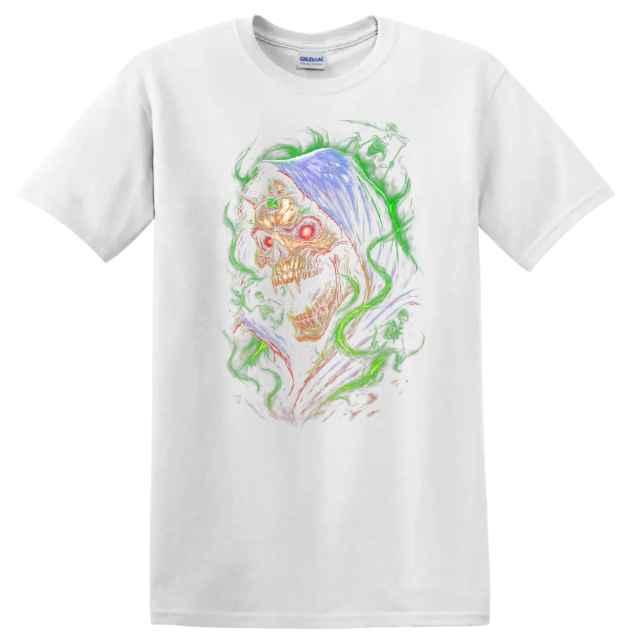 Hooded skull with glowing red eye and neon green flames in gothic horror art on a White T Shirt