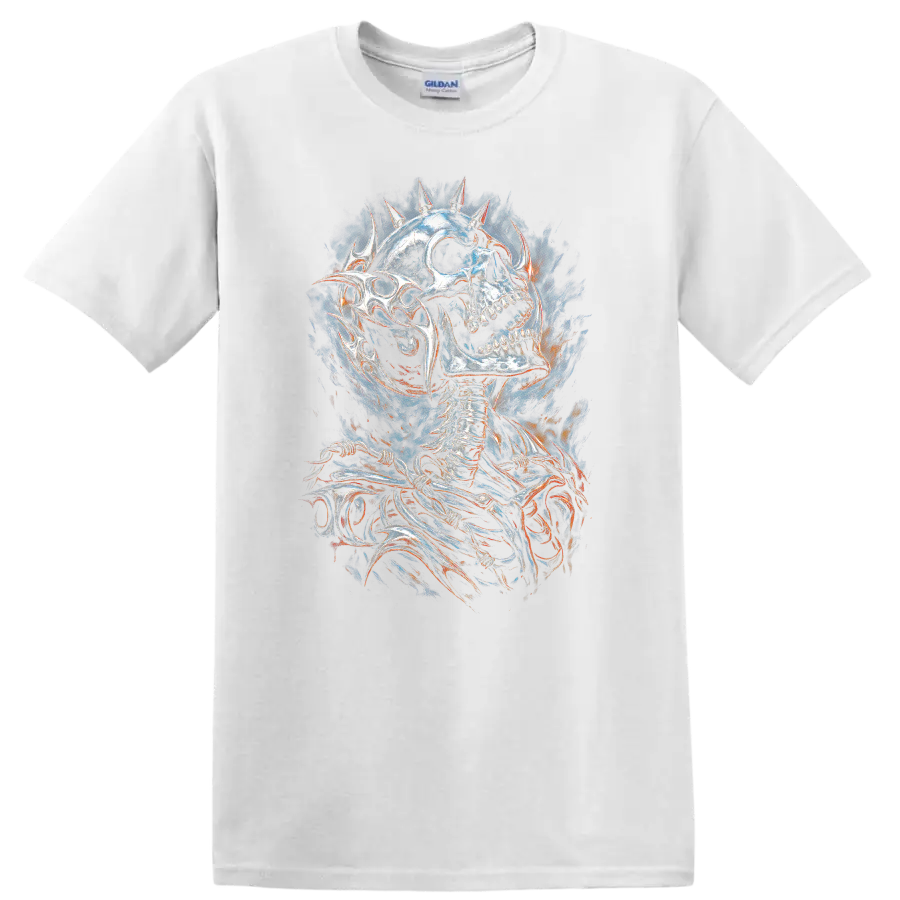 Spiked skeleton skull in distressed gothic horror art with smoky fiery accents on a White T Shirt