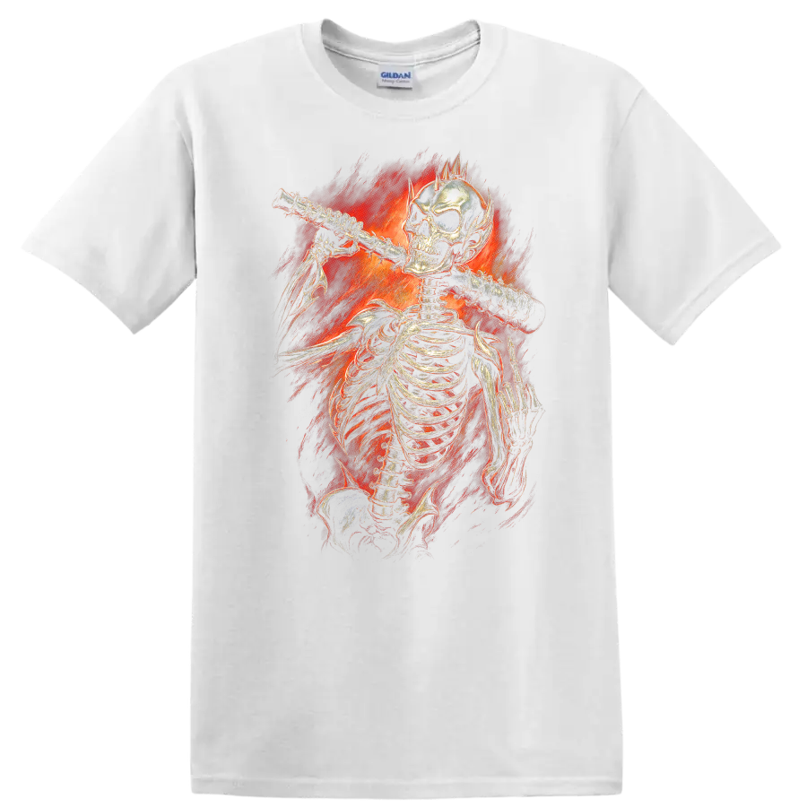 Vintage gothic skeleton playing flute amid fiery red flames on a White T Shirt