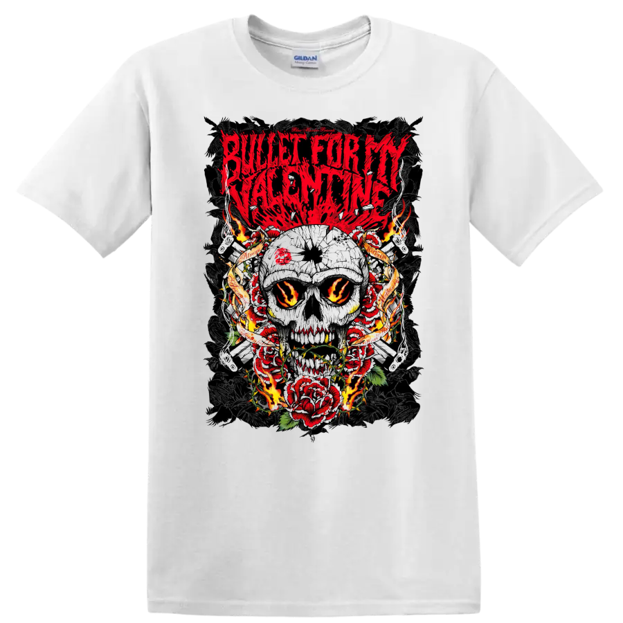Bullet For My Valentine skull and roses rock metal graphic print T - White