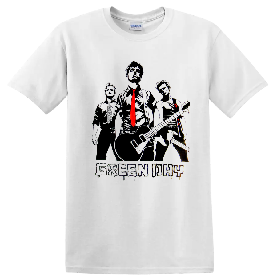 Green Day rock band graphic print T shirt with three stylized figures and red - White