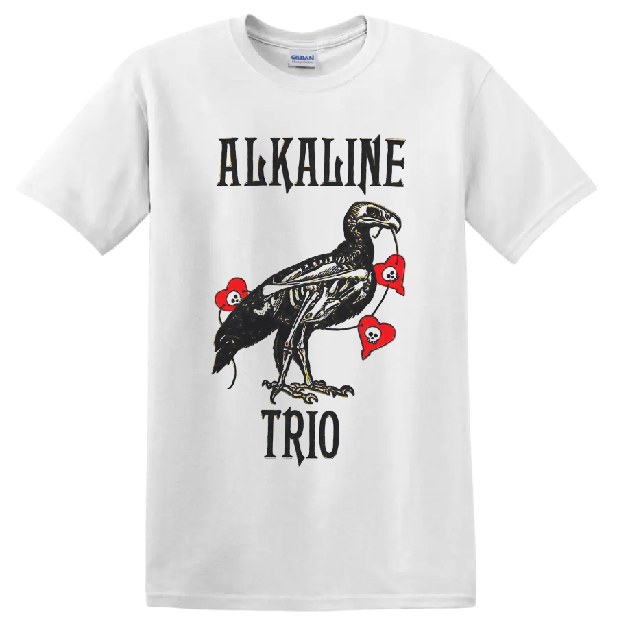 Alkaline Trio punk rock raven with red hearts graphic print on a White T Shirt