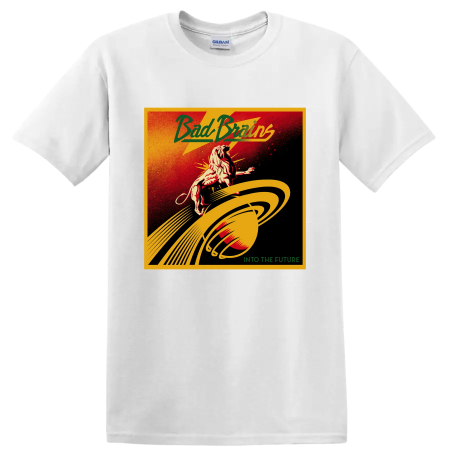 Bad Brains distressed punk rock lion and planetary rings Into the Future design on a White T Shirt