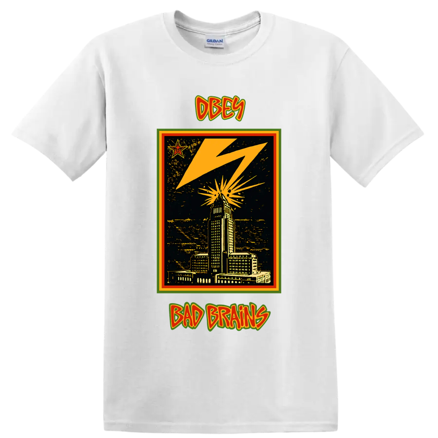 Bad Brains OBEY lightning city skyline punk rock graphic on a White T Shirt