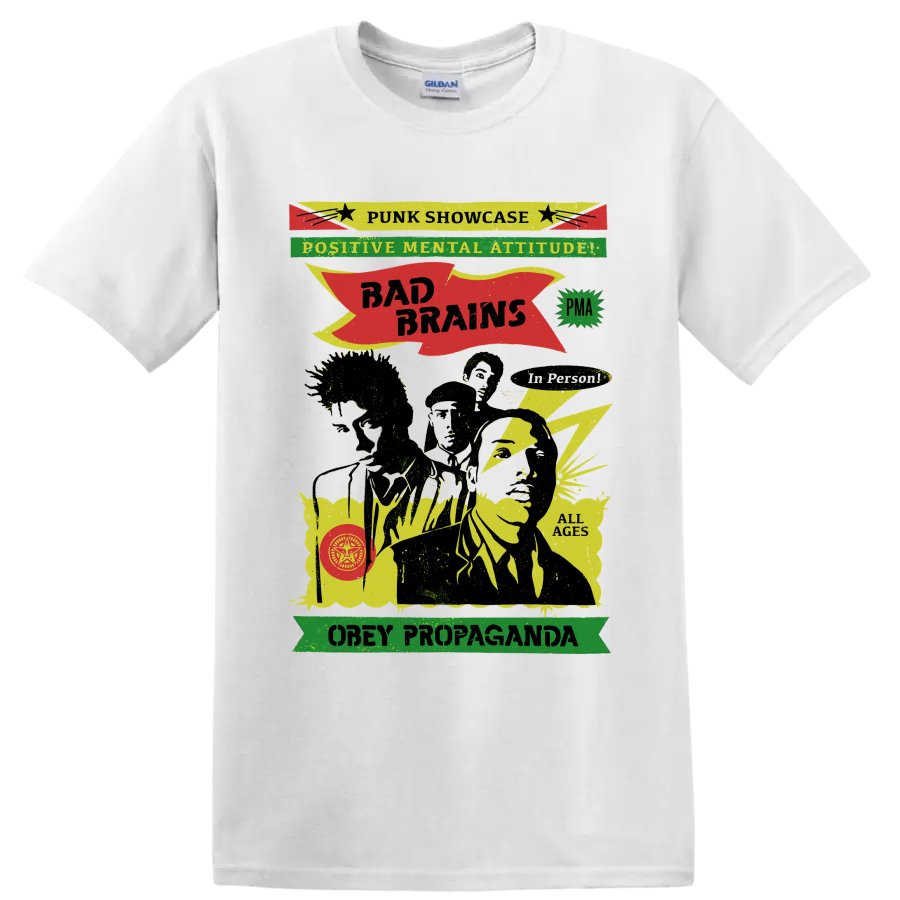 Bad Brains punk rock graphic with Positive Mental Attitude lettering on a White T Shirt