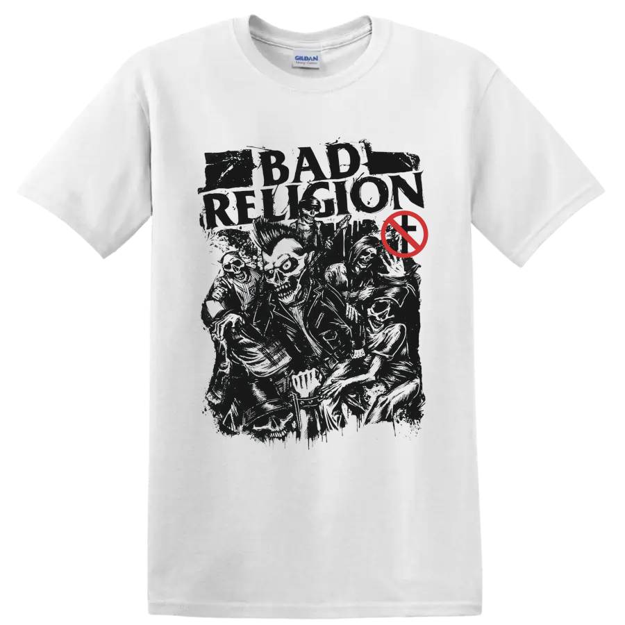 Bad Religion distressed punk rock graphic with red prohibition symbol on a White T Shirt