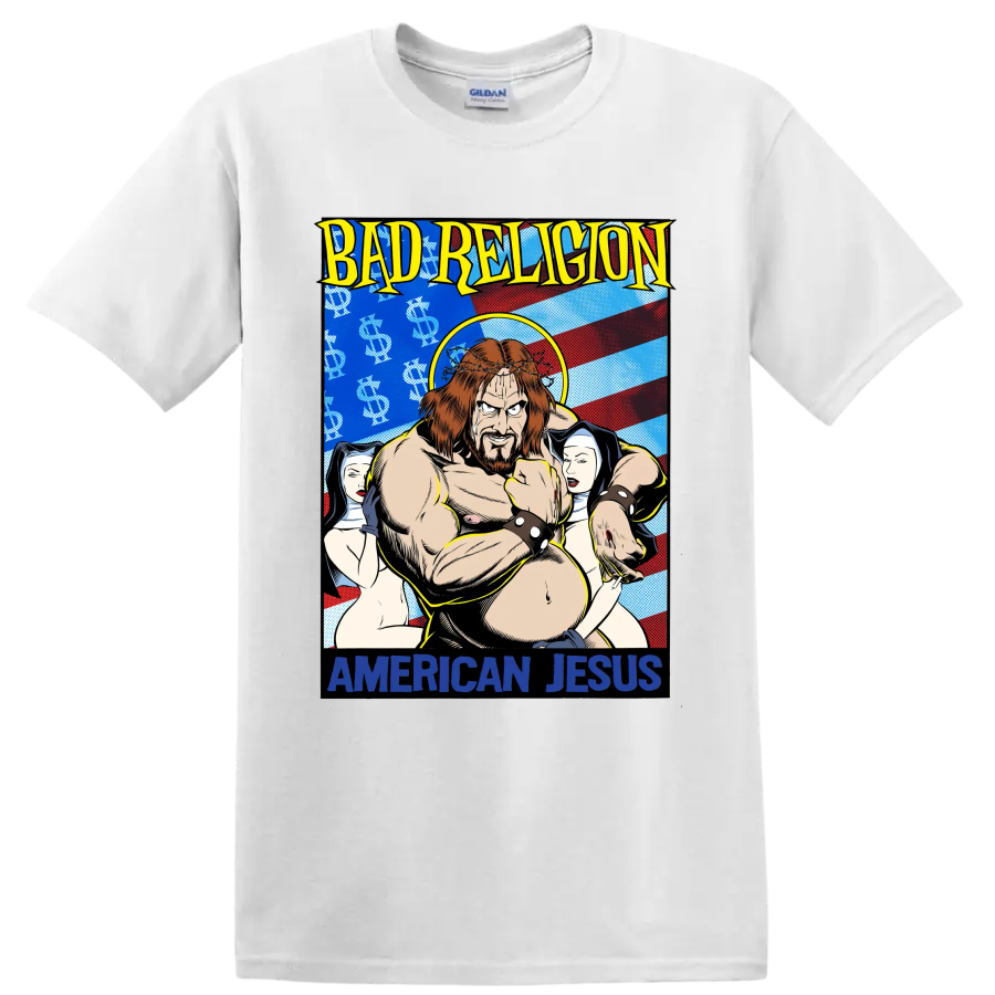 Bad Religion American Jesus comic-style punk rock graphic print on a White T Shirt