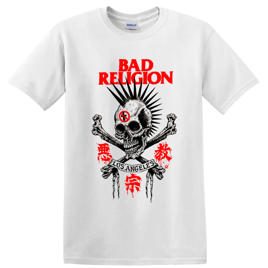 Bad Religion distressed punk rock skull graphic with red lettering on a White T Shirt