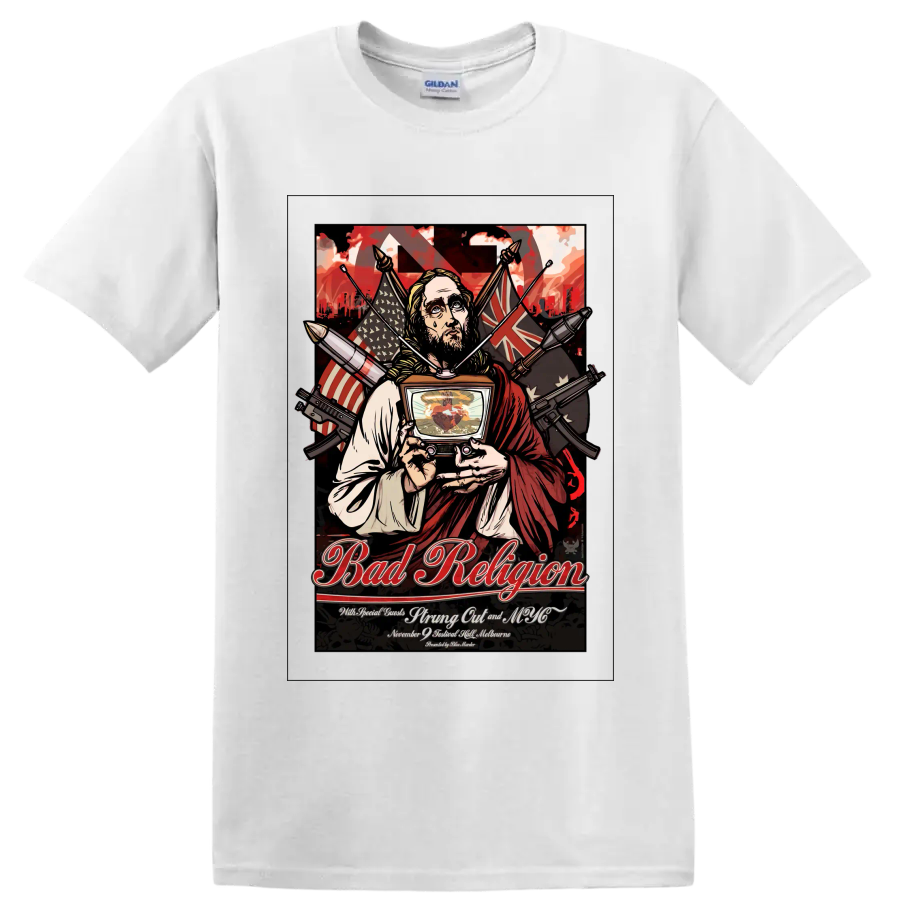 Bad Religion punk rock concert poster graphic with robed figure and television on a White T Shirt