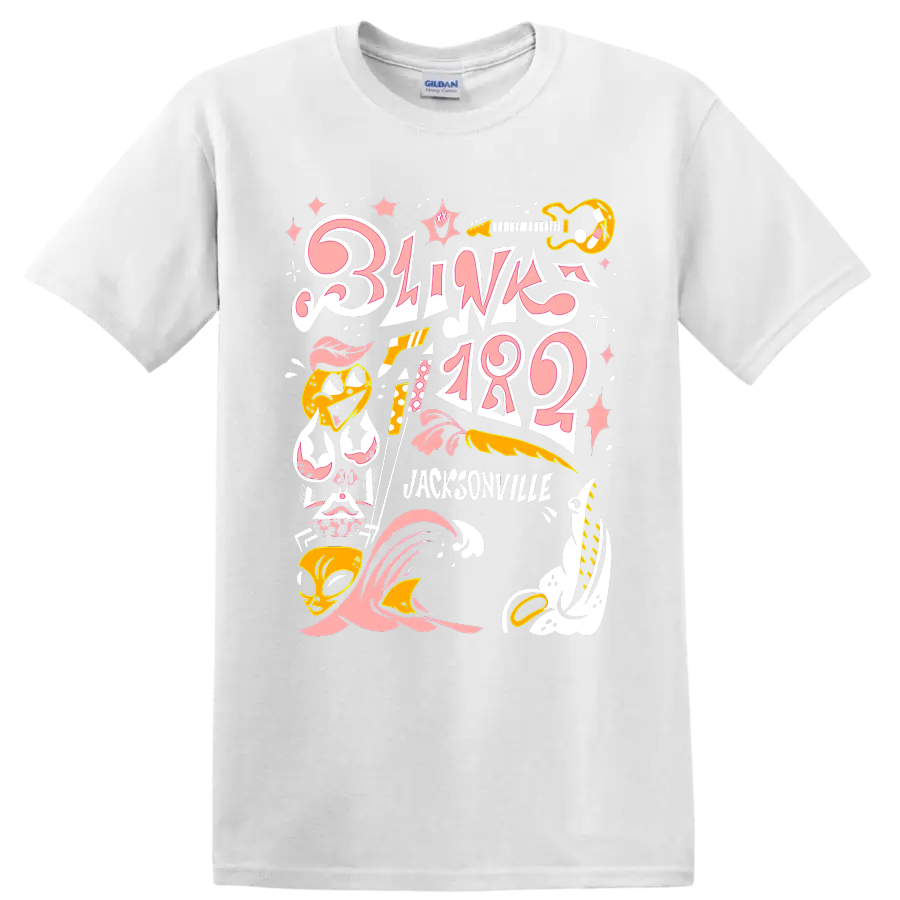 Blink-182 punk rock graphic print with pink lettering and yellow music accents on a White T Shirt