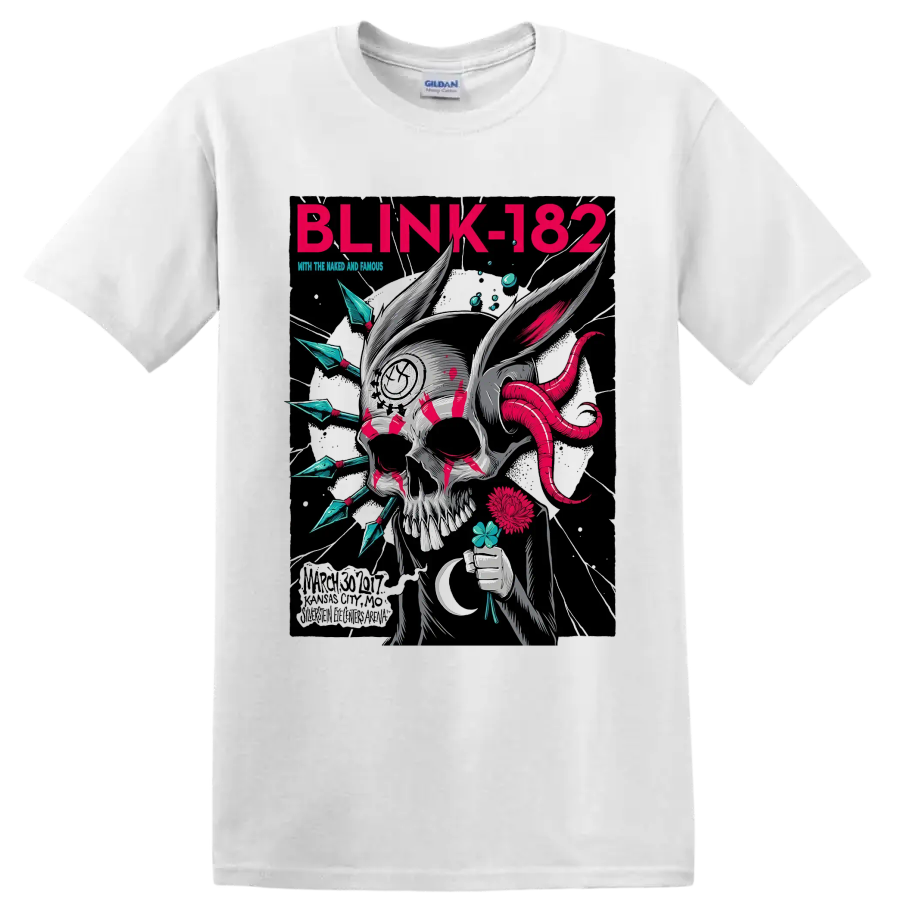Blink-182 punk rock skull graphic with magenta tentacles and flowers on a White T Shirt