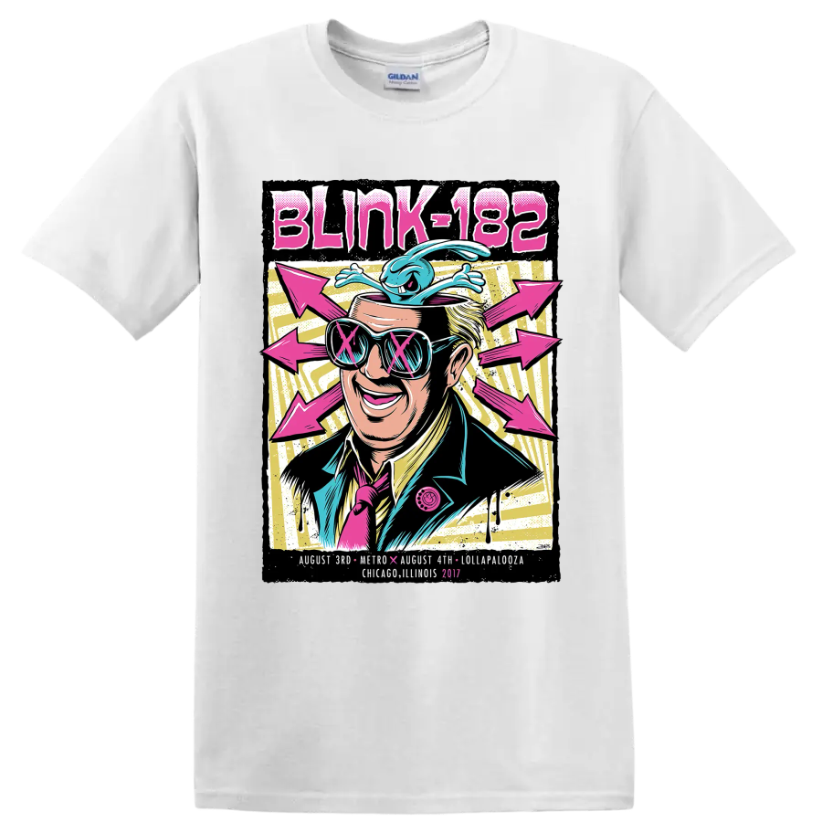 Blink-182 punk rock festival graphic with sunglasses, blue creature, and pink arrows on a White T Shirt