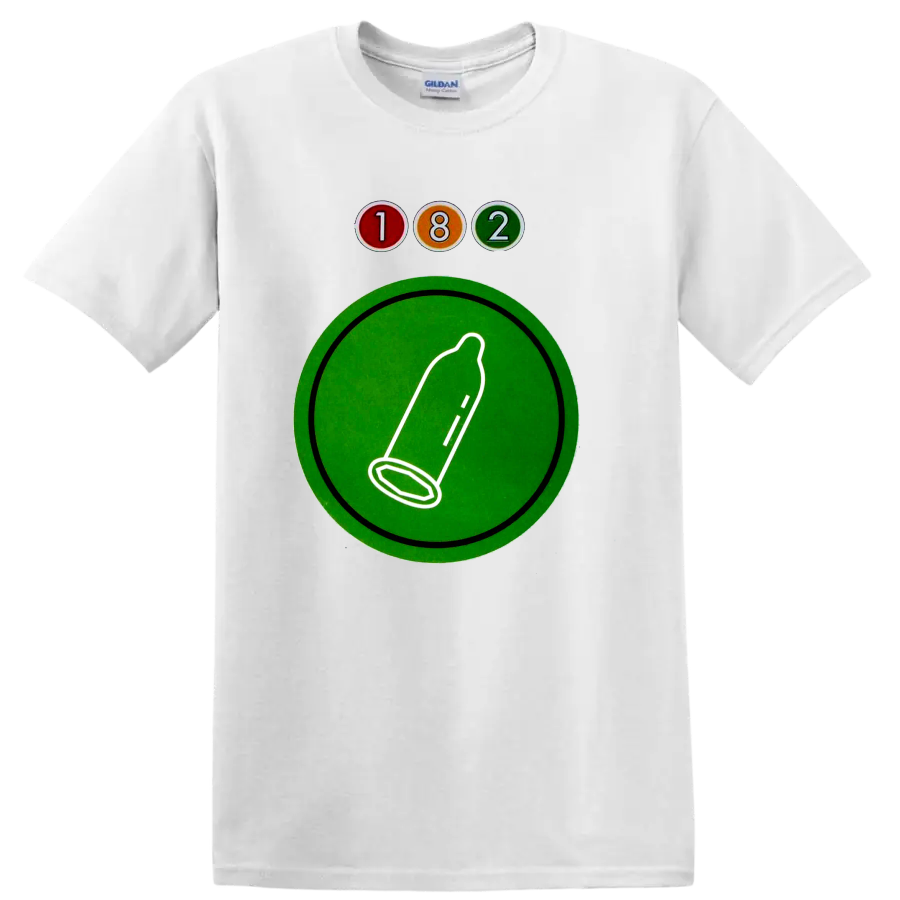 Blink-182 182 logo with colorful circles and green graphic emblem on a White T Shirt