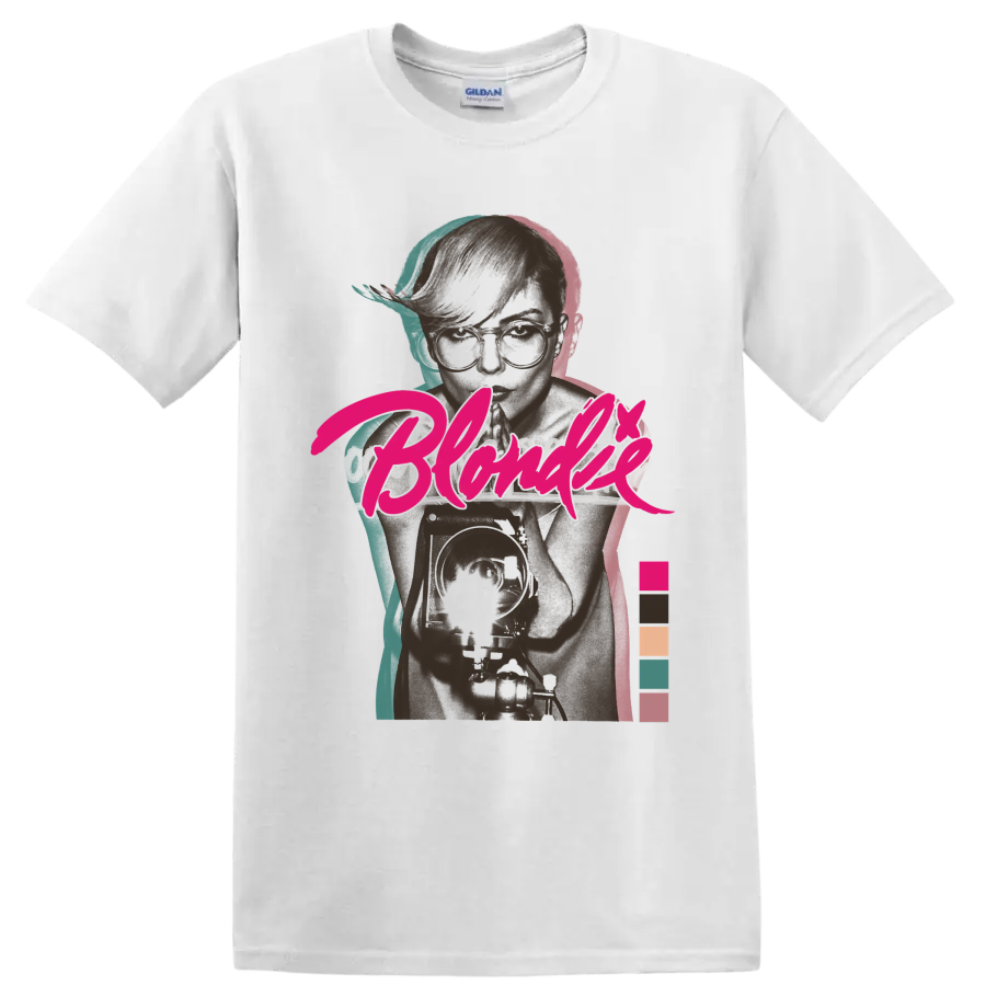Blondie punk rock band portrait with bold pink script and colorful accents on a White T Shirt