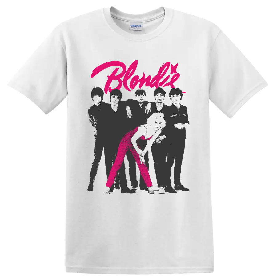 Blondie Debbie Harry punk rock graphic with hot pink script on a White T Shirt