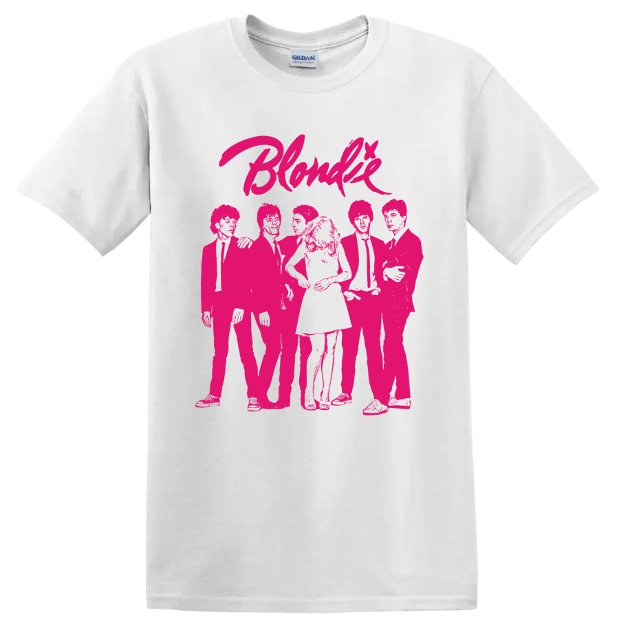 Blondie punk rock band graphic with hot pink lettering and group portrait on a White T Shirt