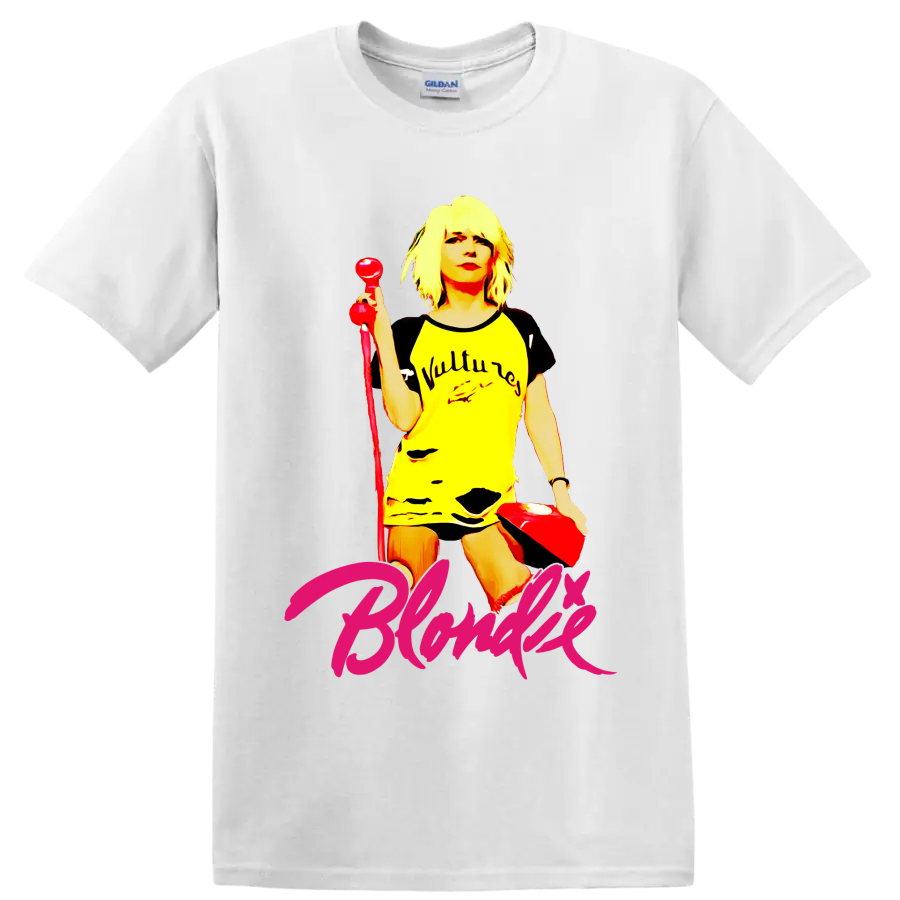 Blondie punk rock vocalist graphic with red microphone and pink script lettering on a White T Shirt