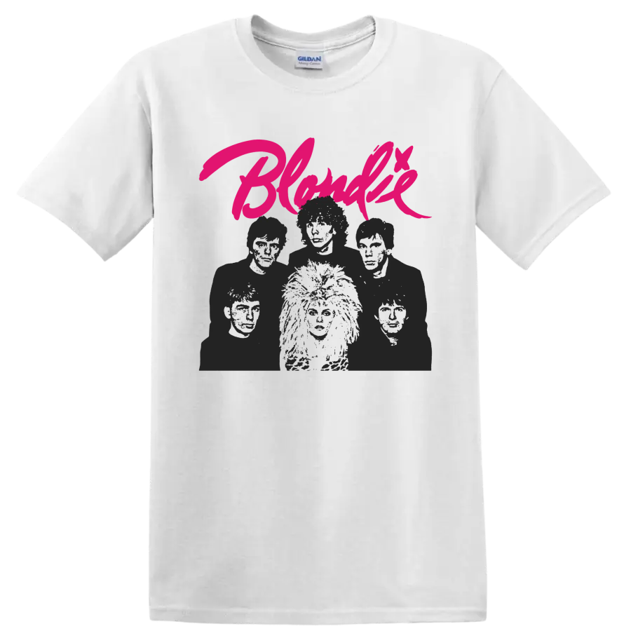 Blondie punk rock graphic with hot pink script and monochrome band portrait on a White T Shirt