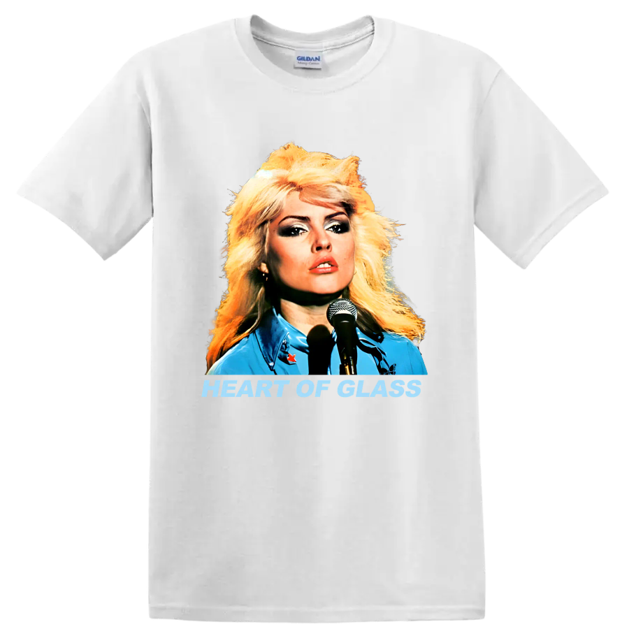 Blondie singer portrait with Heart of Glass text, retro punk rock graphic on a White T Shirt
